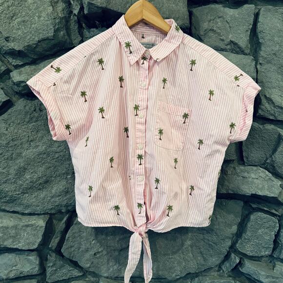 Marc New York Pink Stripe Button Down Tie Palm Tree Shirt Womens S - Picture 1 of 4